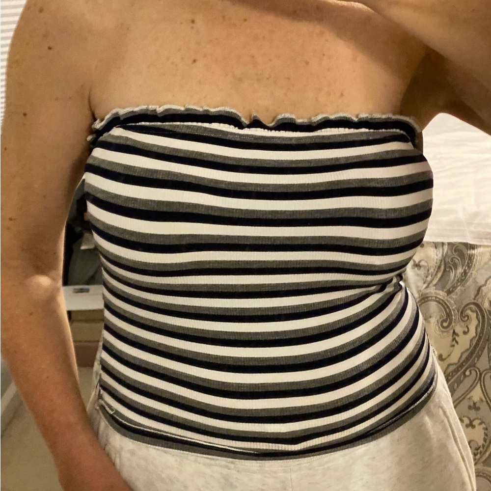 Striped Ribbed Tube Top with Soft Ruffle along Top - Picture 7 of 7